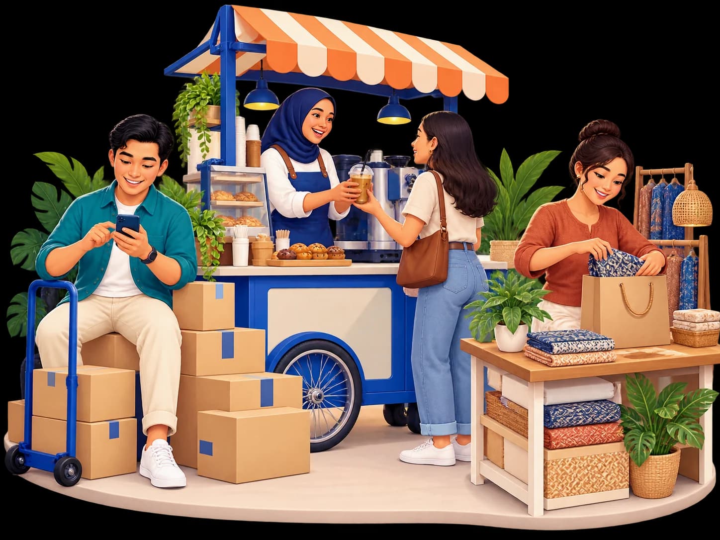 Ilustrasi pelaku UMKM Indonesia: pedagang kuliner melayani pelanggan, pemilik toko mengelola pesanan, dan pengusaha batik mengemas produk.